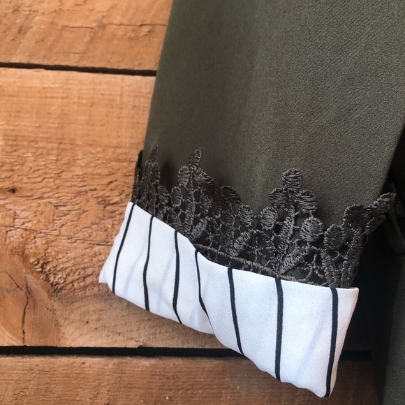 Open Front Blazer w Crochet Lace Trim in Olive - Picture 7 of 11